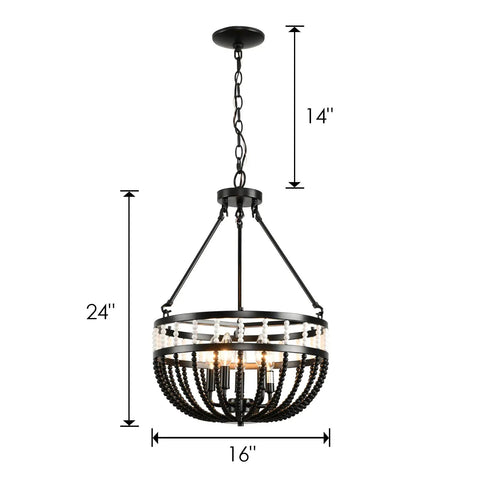 Boho Beaded Chandelier With Five Lights 16 Inch Black And White Modern Farmhouse Wood Bead Pendant Lighting, height adjustable
