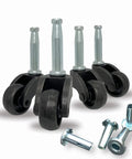 Four 1-inch swivel ball casters with black housings and zinc stems for furniture (4-pack)