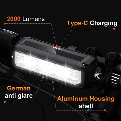 2000 Lumen Rechargeable Bike Headlight With Four LED Modes For Night Riding Durable Aluminum Alloy Body Easy Side Button Control Mounts On Handlebars For MTB Road Bikes And ATV Use showing Type-C charging and German anti-glare feature on handlebars.