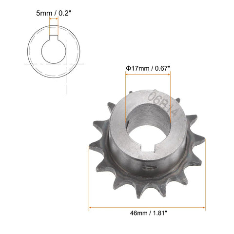 DIN ISO 06B Roller Chain Sprocket 14 Teeth Three Eighths Pitch 17mm Bore Heavy Duty A3 Carbon Steel with dimension details