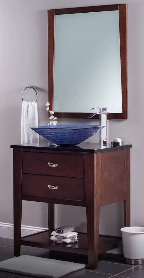 Vanity setup with Dark Blue Frosted Glass Vessel Sink Square Above Counter Style For A Slick Modern Bath Upgrade 18.25 Inch Long By 5.75 Inch Tall 1.75 Inch Drain Opening Tempered Glass Scratch Resistant Nonporous Standard Us Plumbing.