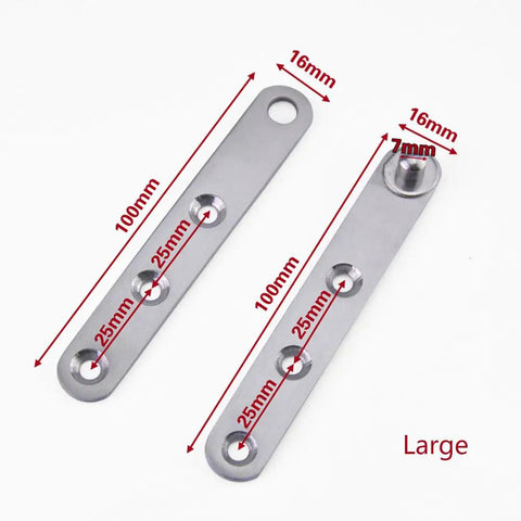 Massive 4 Piece Stainless Steel Concealed Door Pivot Hinges Packed With Smooth 360 Rotating Swivel Mechanisms Built Like A Tank For Rock Solid Cabinet And Shelving showing detailed dimensions and design.