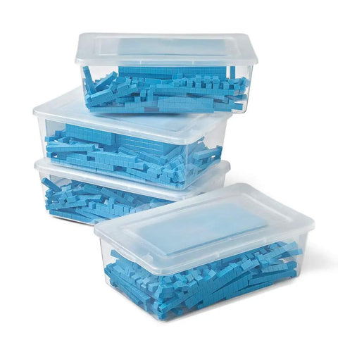 Blue Plastic Base Ten Blocks Set for Kids, Place Value Manipulatives for Regrouping in clear storage boxes