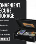 Open Lockable Dorm Storage Trunk With Combo Lock For Valuables, Heavy Duty Box With Metal Corners, containing electronics and cash