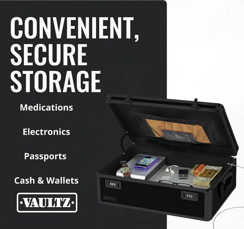 Open Lockable Dorm Storage Trunk With Combo Lock For Valuables, Heavy Duty Box With Metal Corners, containing electronics and cash