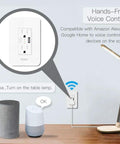 Smart WiFi In Wall Outlet With USB And Type-C Ports, 15A Divided Socket shown with Alexa and Google Home integration.