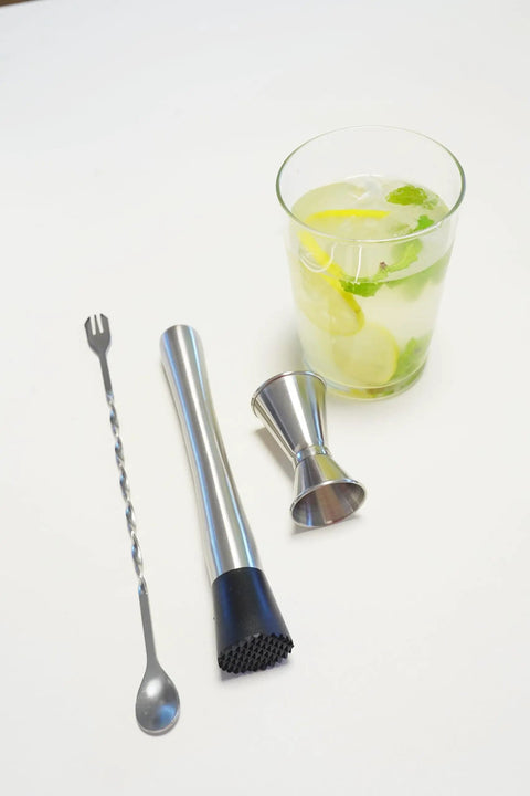 Ultimate Bar Tools Set for Home Bartenders includes 8 inch muddler, 10 inch mixing spoon, measuring jigger with cocktail