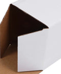 Close-up of a white corrugated box showing four sturdy corners, part of the 10 Pack White Corrugated Cardboard Shipping Boxes Lightweight Paper Mailer