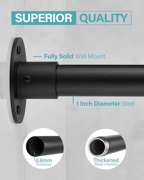 Big L Shaped Corner Shower Curtain Rod With Adjustable 90 Degree Curve, Beefy 0.8mm Thick Tube, 12 Hooks And Ceiling Support, Easy Install, Two Size Options For Flexible Fit; black steel wall mount