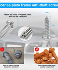 Anti Theft License Plate Screws Kit With Rustproof Stainless Steel M6 1/4 Inch Tamper Proof Fasteners For Front And Rear Plates Yalok Hex Button Head Caps