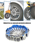 Twenty Four Piece Universal Tubeless Tire Puncture Repair Kit Featuring Heavy Duty Rubber Mushroom Plugs And Fast Acting Seal Gum For Skip The Roadside Rescue On Cars Motorcycles And EVs Plug And Go Setup, showing various tire types and repair tools.