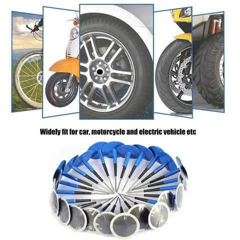 Twenty Four Piece Universal Tubeless Tire Puncture Repair Kit Featuring Heavy Duty Rubber Mushroom Plugs And Fast Acting Seal Gum For Skip The Roadside Rescue On Cars Motorcycles And EVs Plug And Go Setup, showing various tire types and repair tools.