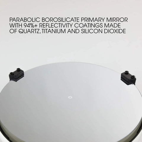 Close-up of parabolic borosilicate primary mirror from Flextube 200 Dobsonian 8 Inch Collapsible Telescope for beginners.