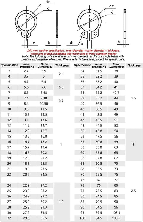 10 Pcs Premium 40-48mm External Retaining Rings Heavy Duty C Clips Circlips specifications chart for sizes and thicknesses.