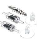 Front view: M METERXITY aquarium 1-way stainless steel check valve kit with 2 plastic check valves and 2 suction cups