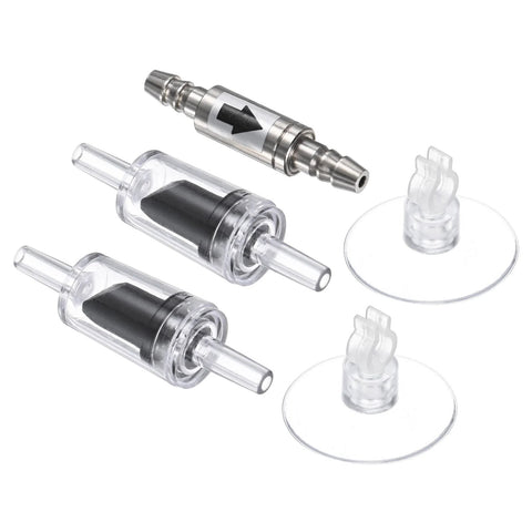 Front view: M METERXITY aquarium 1-way stainless steel check valve kit with 2 plastic check valves and 2 suction cups