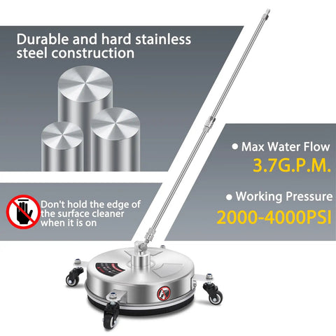 14 Inch Pressure Washer Surface Cleaner With Four Wheels And Quick Plug Stainless Steel Housing 4000 PSI Heavy Duty Attachment with pole