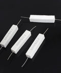 Rock Solid 10 Pack 10 Watt 5 Ohm Cement Resistors Heavy Duty Wirewound Ceramic Power Resistors on black background.
