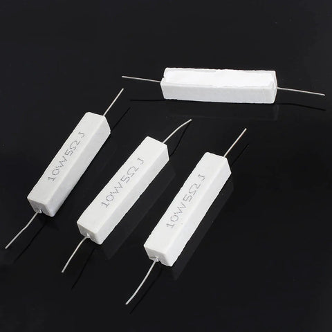 Rock Solid 10 Pack 10 Watt 5 Ohm Cement Resistors Heavy Duty Wirewound Ceramic Power Resistors on black background.