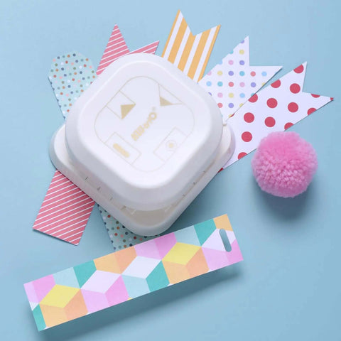 4 In 1 Paper Corner Trimmer With Oval Fish Eye Dovetail And Diagonal Angle Puncher on colorful paper with pink pompom