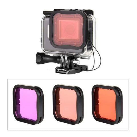Waterproof Action Camera Housing For Hero 5 6 7 Black With Underwater Filters Red, Light Red, And Magenta Straight-In Design