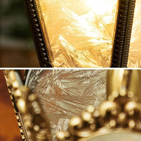 Close-up of Cool Copper Pendant Light With Ice Crack Glass Lantern Adjustable Hanging Height Single Head Chandelier glowing softly