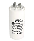 Cylindrical Run Capacitor 35uF 450V AC CBB60 for air compressors water pumps motors, white with labels, metallic terminals