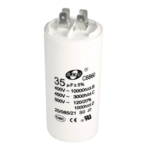 Cylindrical Run Capacitor 35uF 450V AC CBB60 for air compressors water pumps motors, white with labels, metallic terminals