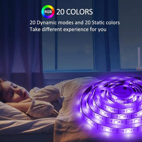 Battery Powered RGB LED Strip Lights 13.2ft With Three Button Controller illuminating a bedroom at night