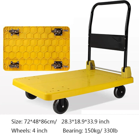 Foldable Flatbed Hand Cart With Beefy Metal And Plastic Deck, Wheeled Platform Truck For Moving Heavy Items, Portable Push Trolley For Parcels, Tools, Auto Shop, Home Or Warehouse, Compact Design For Easy Storage, yellow 72x48x86cm, 4-inch wheels