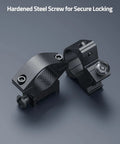 Heavy Duty One Inch Scope Rings With A Low Profile Cut For Picatinny Rails showing hardened steel screws for secure locking.