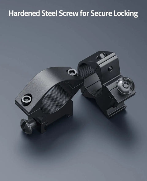 Heavy Duty One Inch Scope Rings With A Low Profile Cut For Picatinny Rails showing hardened steel screws for secure locking.