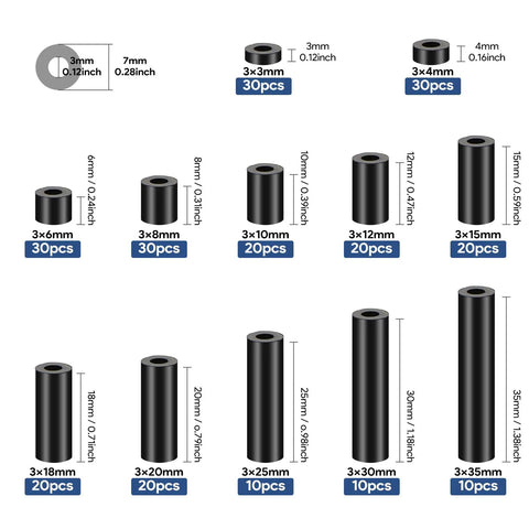 Diagram of Dope 250 Pack Black Nylon Round Spacer Set 3Mm ID 7Mm OD With 12 Lengths Non Threaded Plastic Spacers For M3 Screws