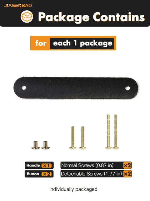 Black Leather Drawer Pulls 6 Pack 6.3 Inch Long Leather Handles shown with screws and components for easy installation