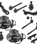 Heavy Duty 12 Piece Steering Suspension Front End Kit With Ball Joints Tie Rods Wheel Hubs Pitman Arm For 1999 2000 Chevy K2500 display with ball joints and wheel hubs.
