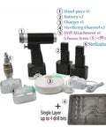 Killer Performance Veterinary Orthopedic Drill And Saw Attachment Featuring Hella Accurate Micro Mechanics Durable Sterilizable Build Top Shelf Reliability For Modern Clinics components kit layout with hand-piece, batteries, charger, drill attachment, sterilization box.