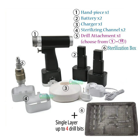 Killer Performance Veterinary Orthopedic Drill And Saw Attachment Featuring Hella Accurate Micro Mechanics Durable Sterilizable Build Top Shelf Reliability For Modern Clinics components kit layout with hand-piece, batteries, charger, drill attachment, sterilization box.