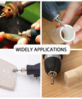 60-grit diamond grinding bits set for Dremel; image collage shows grinding, drilling, carving on stone and wood
