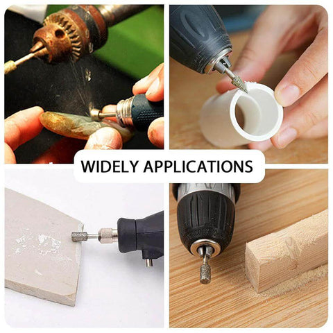 60-grit diamond grinding bits set for Dremel; image collage shows grinding, drilling, carving on stone and wood