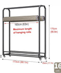 Rock Solid Heavy Duty Fabric Roll Storage Rack With Adjustable Hanging Rod and Smooth Rolling Locking Wheels dimensions and features.