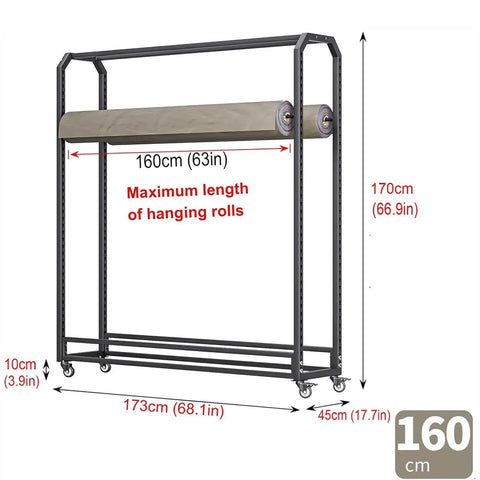 Rock Solid Heavy Duty Fabric Roll Storage Rack With Adjustable Hanging Rod and Smooth Rolling Locking Wheels dimensions and features.