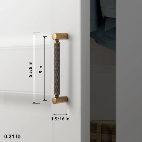 Side view of Six Pack 5 Inch Center To Center Antique Brass Cabinet Pulls with Knurled Grip and Circular End Caps on a cabinet door.