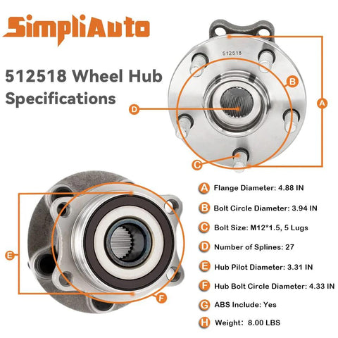 512518 Rear Wheel Bearing And Hub Assembly 2Pcs Set With ABS For Subaru, showing dimensions and specifications