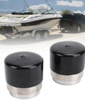 2 Pack Boat Trailer Wheel Bearing Protector With Protective Bra Stainless Steel Hub Dust Cap 1.781 Inch Diameter Auto Check Grease Level For Boat Trailer Wheels shown with boat and trailer in background