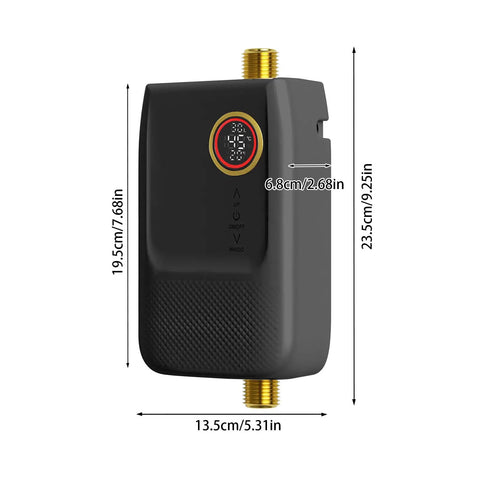 Heavy Duty Electric Tankless Water Heater 3000W Instant Hot Water Flow IPX4 front view with dimensions displayed.