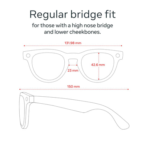 Diagram of Gen 2 Headliner Smart AI Glasses With 3K Ultra HD Video, showing regular bridge fit dimensions for comfort.