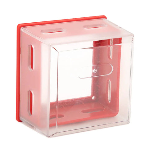 Emergency Stop Button Lockout Cover For Industrial Shop Floor Safety Push Button Switch Protector With Transparent Box Style Design Easy To Install And Disassemble For Quick Lockout And Universal Switch Protection, showing red and clear box design.