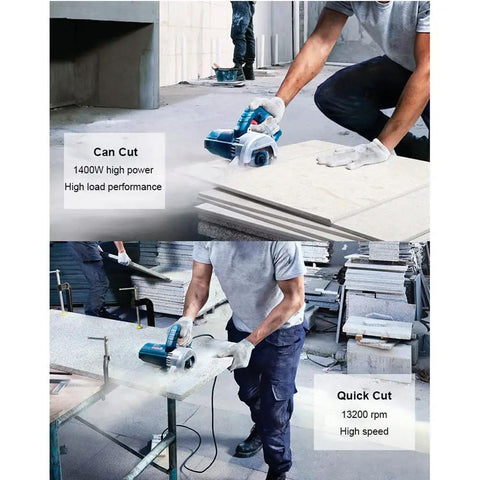 Pro Grade Stone Cutting Machine Featuring A Hella Powerful 1400 Watt Motor And Rapid 13200 RPM Speed for clean slotting of tiles.