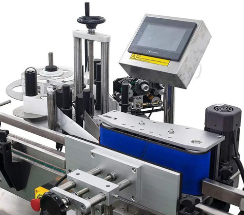 Straight Up Reliable Automatic Round Bottle Labeling Machine With Slick Touch Screen Interface No Sweat Commercial Setup For Beer Containers Built Tough 10 To 180 Mm Height Range close-up of control panel and labeling mechanism