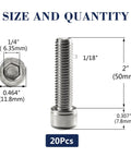 5/16-18 X 2 Inch Socket Head Cap Screws 20 Piece 304 Stainless Steel 18-8 Grade Allen Hex Bolt Set dimensions and quantity displayed.